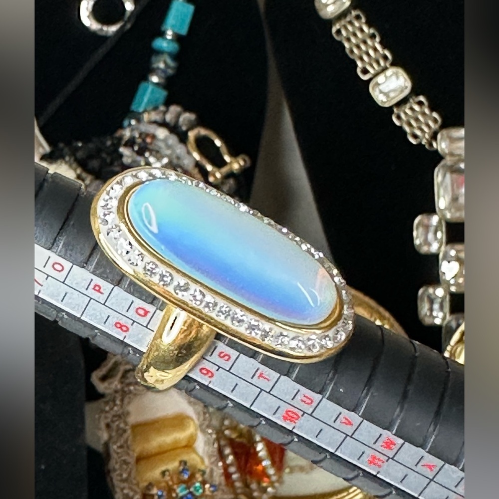 Vintage Blue & Gold Tone Ring with CZ Opalite/ Moonstone cabochon S.Steel